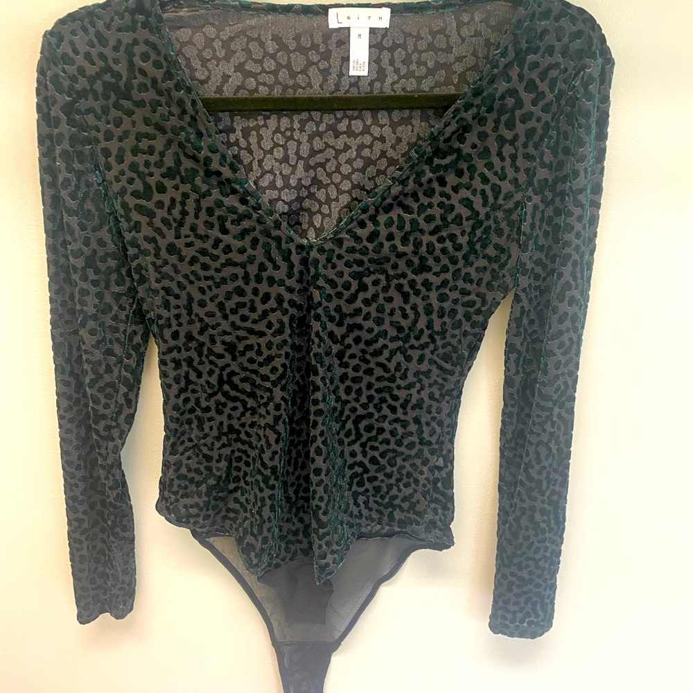 Leith green leopard sheer body suit
